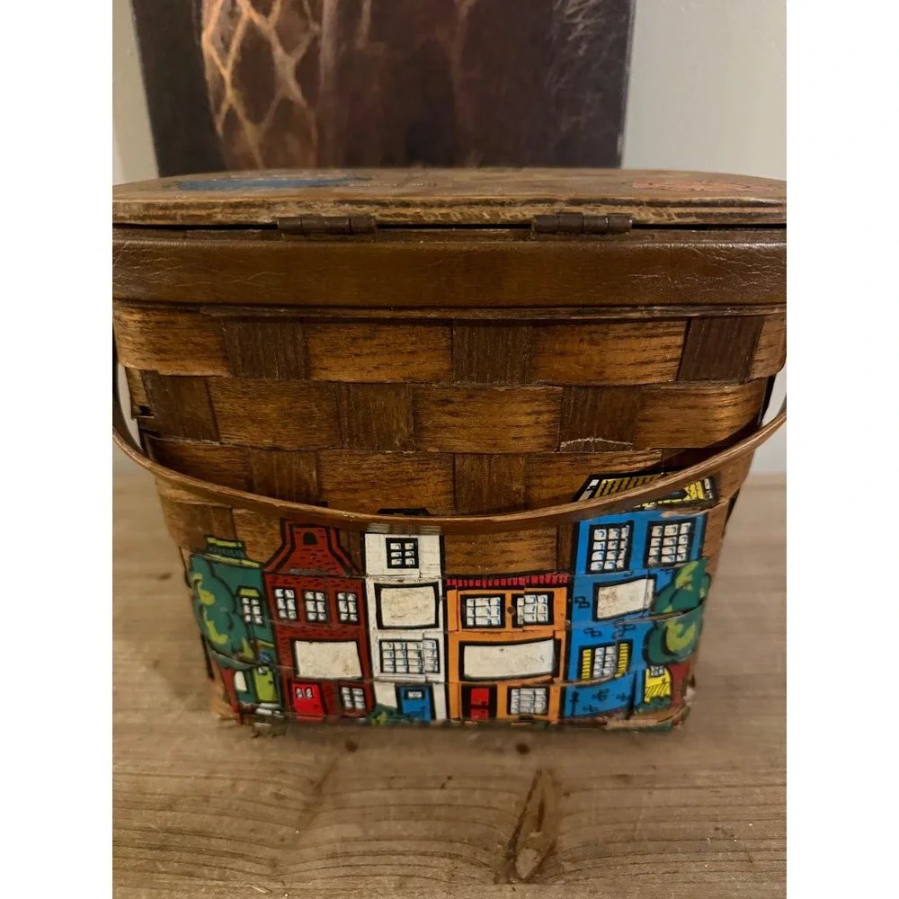 Vintage Caro-Nan Hand Painted Wooden Basket Purse Village Scene‎ Smart Set Bag